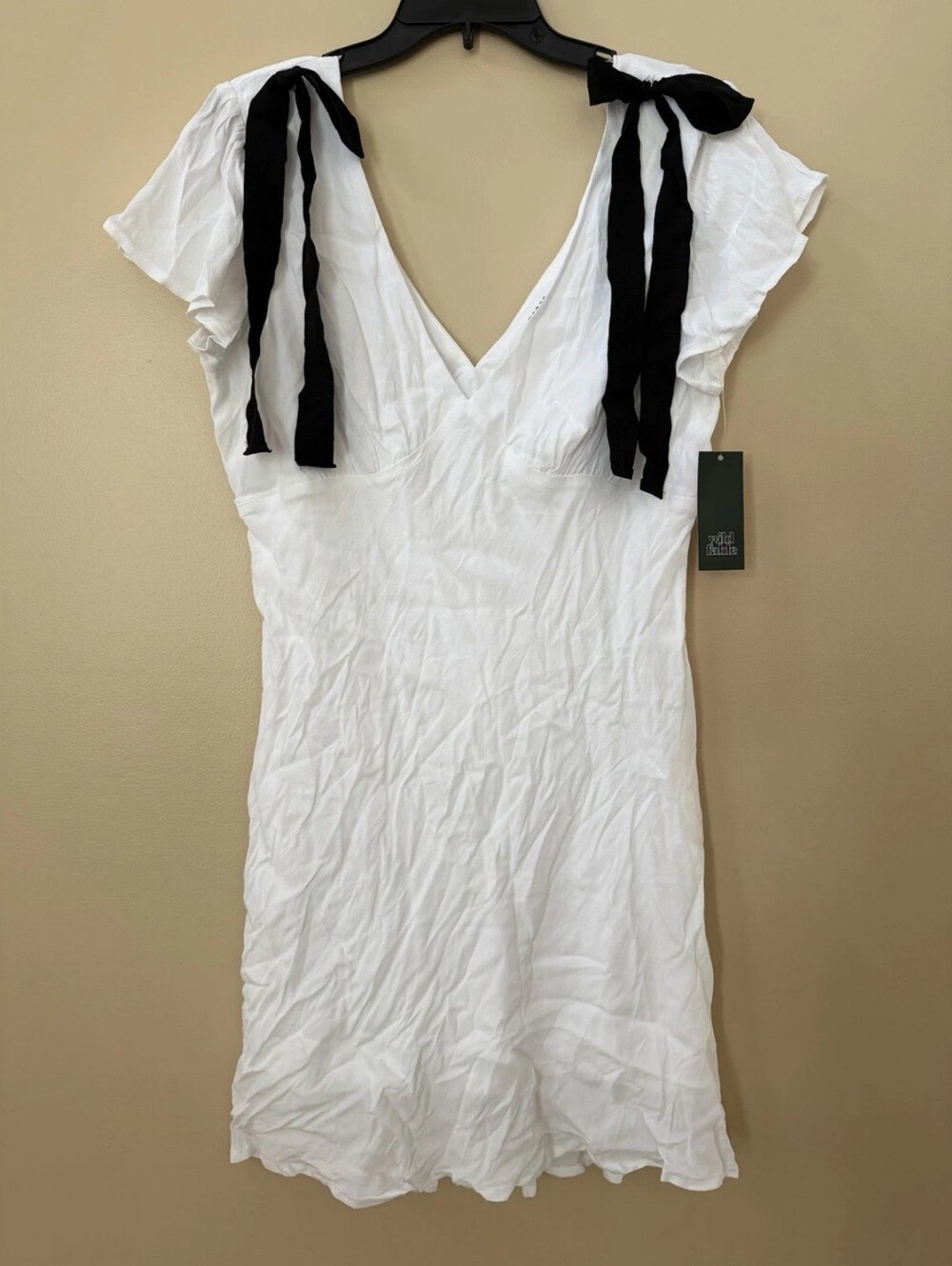 White V-Neck Mini Dress with Black Shoulder Ties